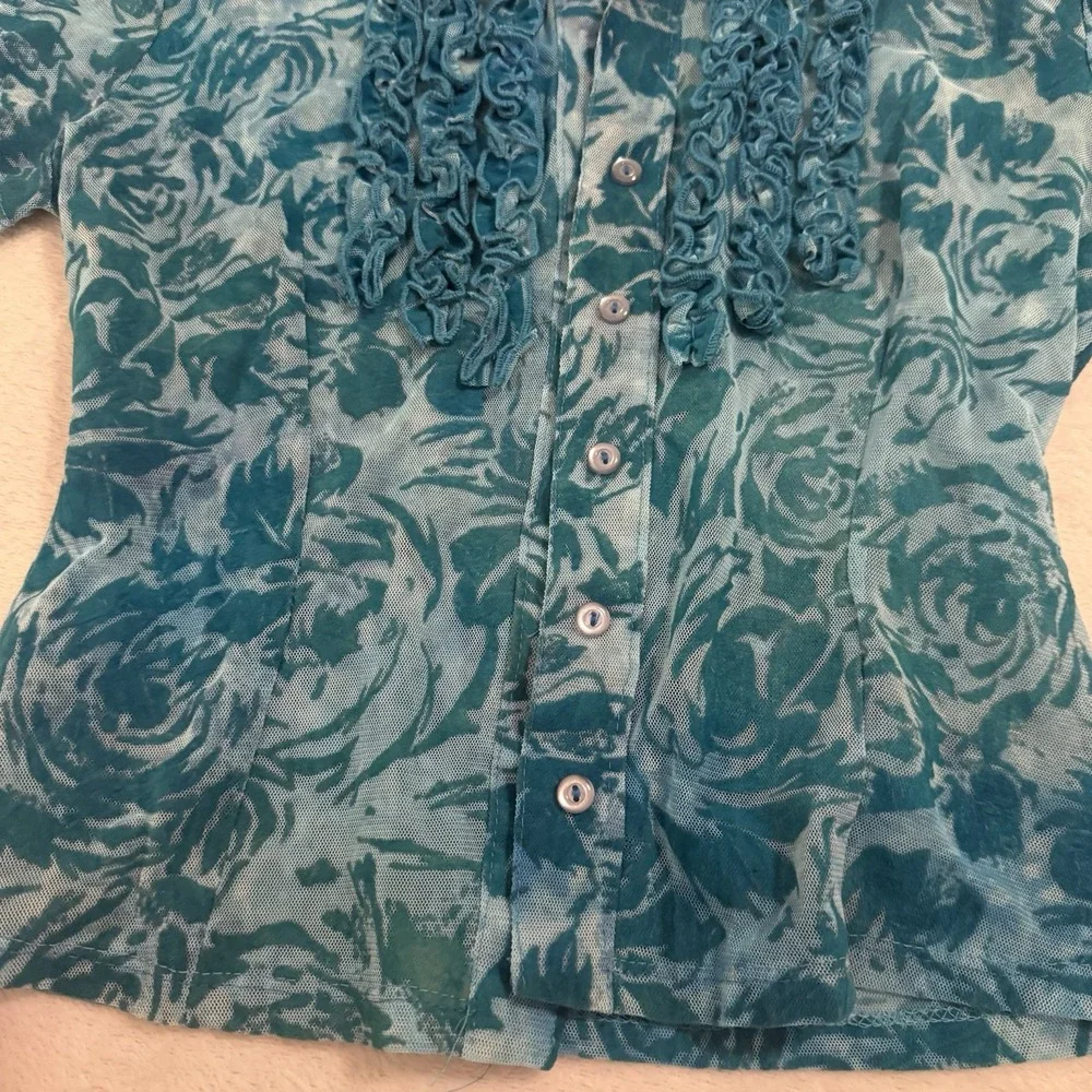 Vtg 90s Y2K Rampage Sheer Velvet Burnout Top Sz M Aqua Floral Ruffle Collar Mesh - Picture 5 of 14